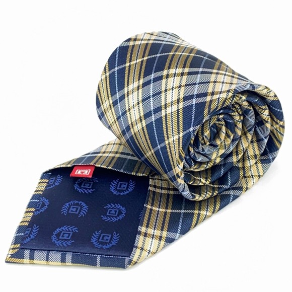 CHAPS Tie Navy & Light Blue Yellow Plaid Striped 100% Silk Hand Made Necktie 58" - Picture 4 of 12